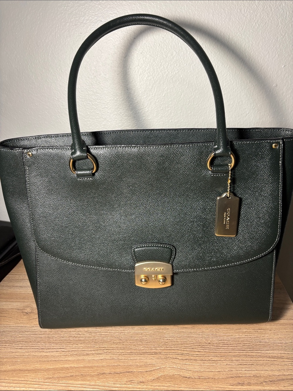 Coach hunter green Pebbled Leather Tote with Gold Hardware Tag